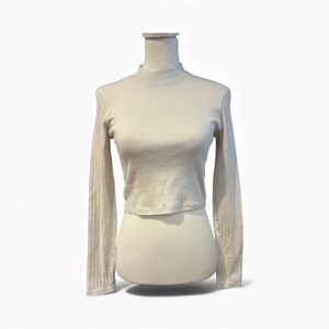 American Eagle Mock Neck Ribbed Cropped Long Sleeve Top white ivory M